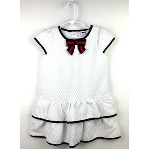 Janie and Jack White Quilted Bow Dress Ruffle Tiered Navy Trim Size 4